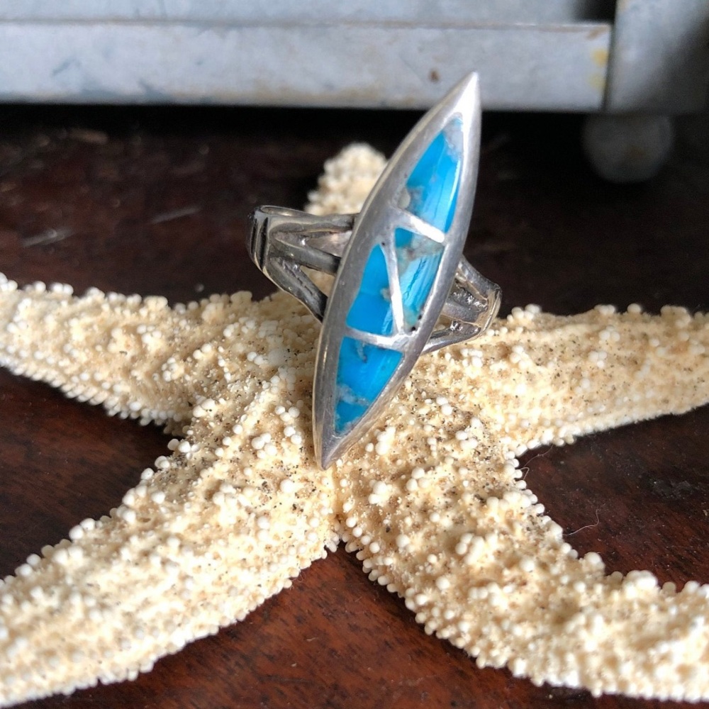 Blue Turquoise Inlay and Silver Ring Zuni Inlay Unisex Style 8.5